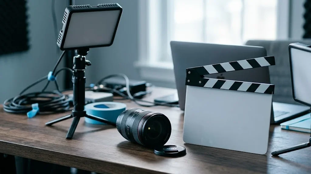 Studio video nhỏ trên bàn với ống kính máy quay, bảng clapper trống và hai đèn mềm