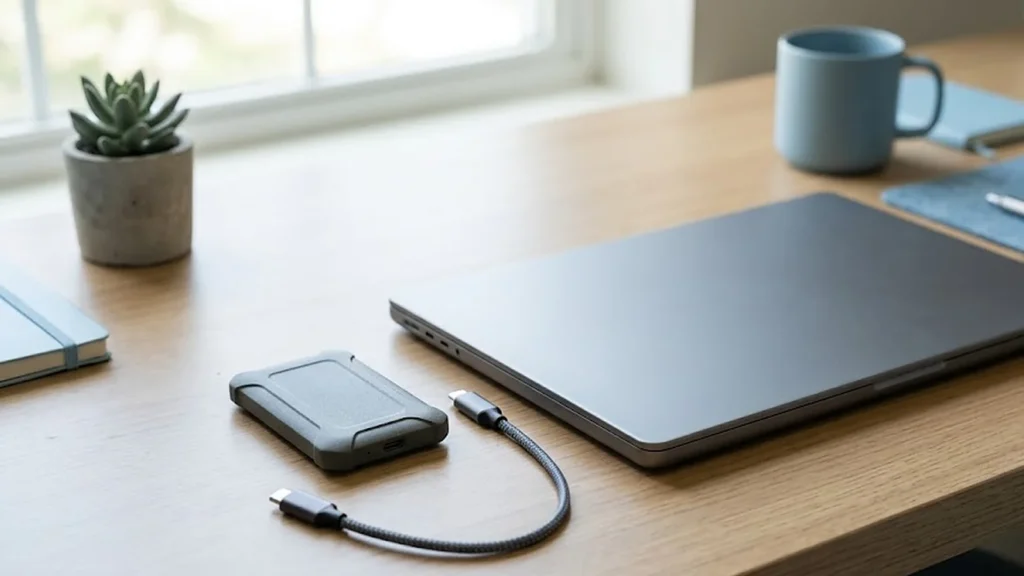 Ổ cứng gắn ngoài và dây USB-C cạnh máy tính xách tay đóng